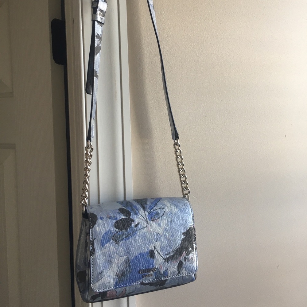 Guess blue metallic and floral crossbody bag